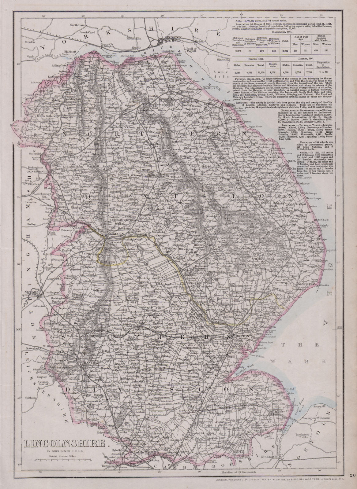 LINCOLNSHIRE. Antique county map. Fens. Railways. DOWER 1868 old